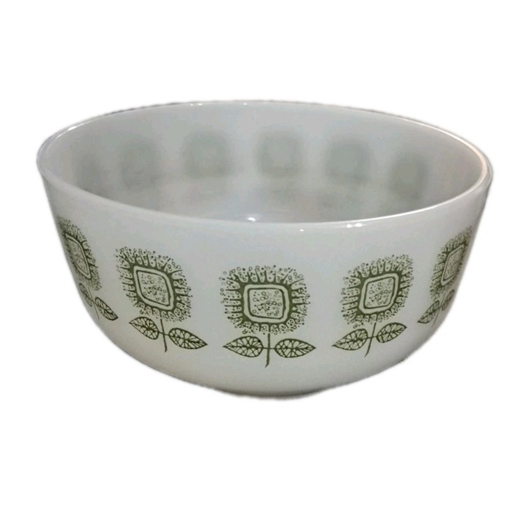 Vintage Federal Milk Glass Mixing Bowl 2 1/2 Quarts Square Green Sunflowers